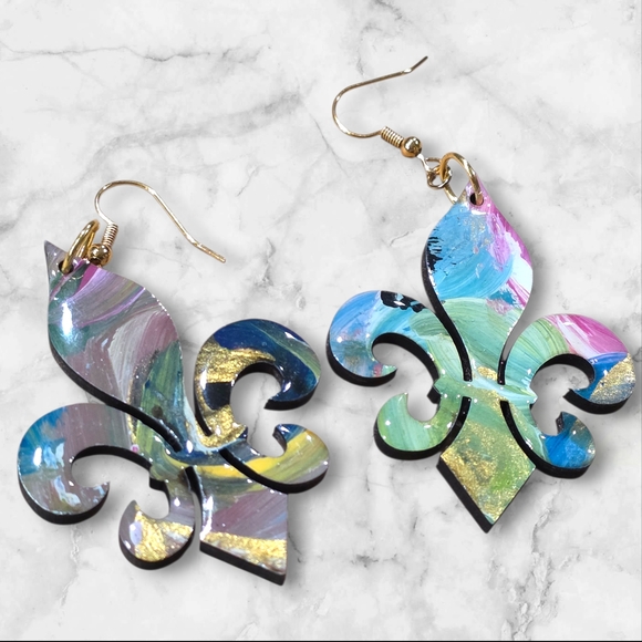 Hand Crafted Handmade Earrings Boho Wood Mardi Gras Fleur-de-Lis Casual- E013 - Picture 2 of 4